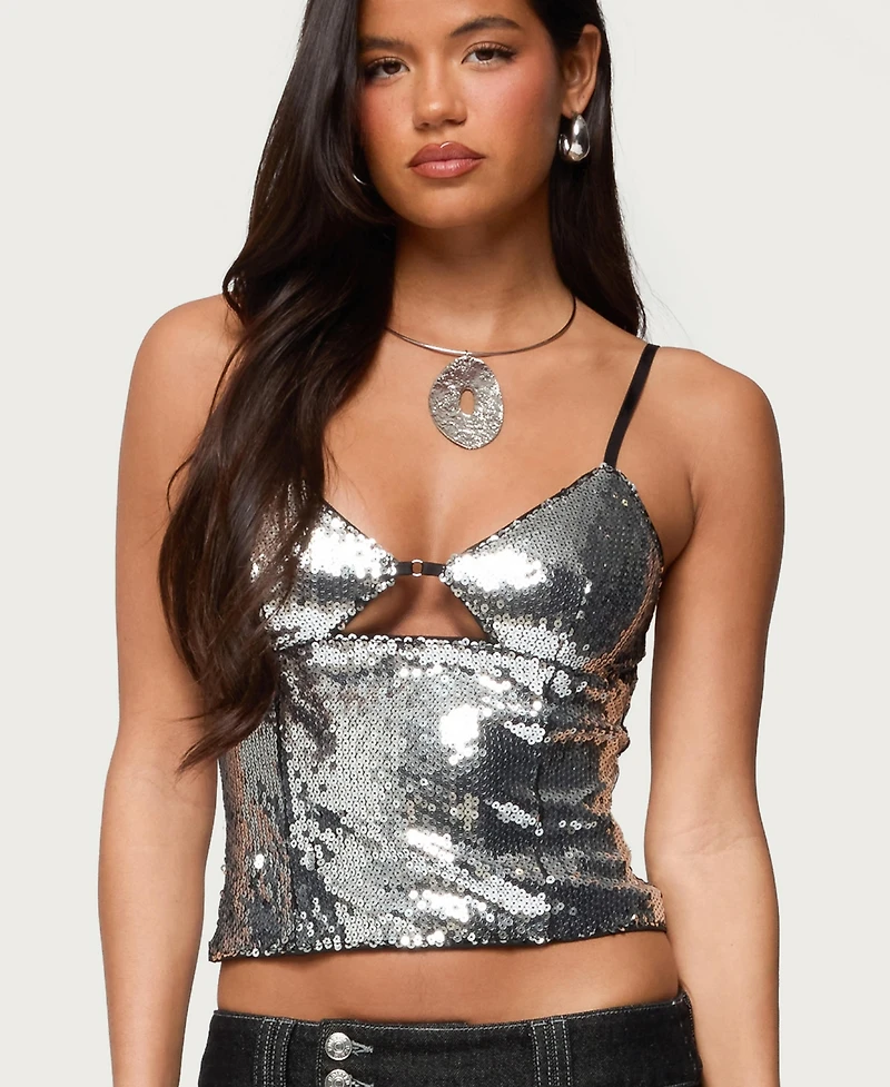Edikted Womens Rokko Cut Out Sequin Top