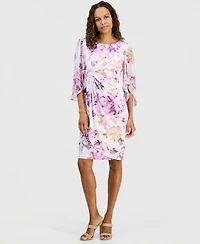Connected Petite Floral Gathered-Front Cape-Sleeve Dress