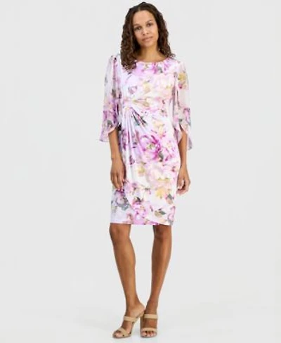 Connected Petite Floral Gathered Front Cape Sleeve Dress