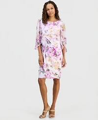 Connected Petite Floral Gathered Front Cape Sleeve Dress