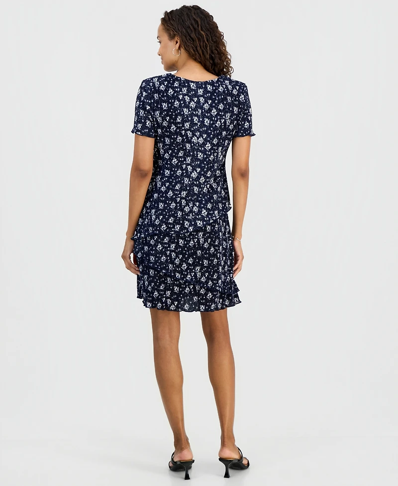 Connected Petite Floral Ruffle-Tiered V-Neck Sheath Dress