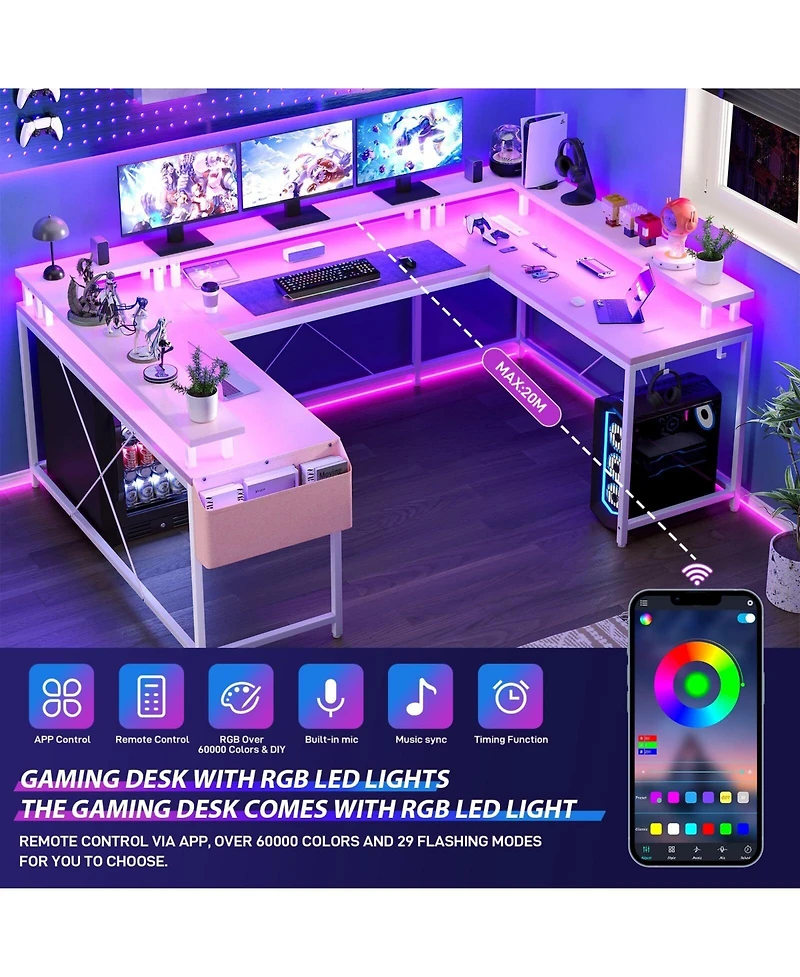 Gaomon U Shaped Desk, 126 Inch Gaming Desk with Monitor Stand and Led Lights