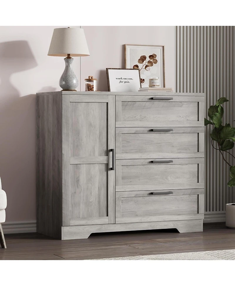 gaomon 4-Drawer Modern Wood Dresser with Wardrobe Closet, Hanging Rod Storage Cabinet for Bedroom, Multifunctional Armoire Organizer