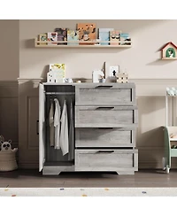 gaomon 4-Drawer Modern Wood Dresser with Wardrobe Closet, Hanging Rod Storage Cabinet for Bedroom, Multifunctional Armoire Organizer