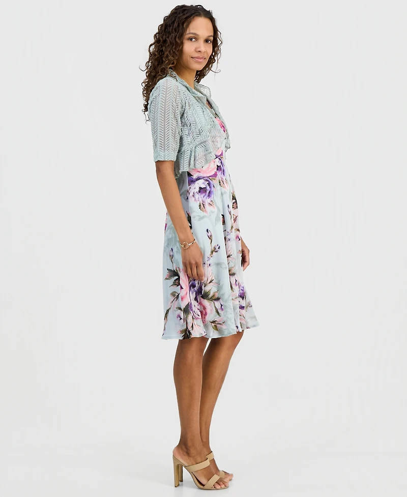 Connected Petite 2-Pc. Floral Chiffon Sleeveless Dress and Ruffle-Front Jacket