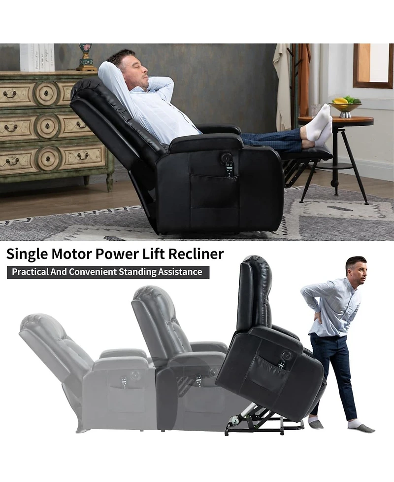 Maison Boucle Faux Leather Power Lift Recliner for Elderly with Massage & Heat, Infinite Position Chair Usb, Cup Holders, Heavy-Duty Base