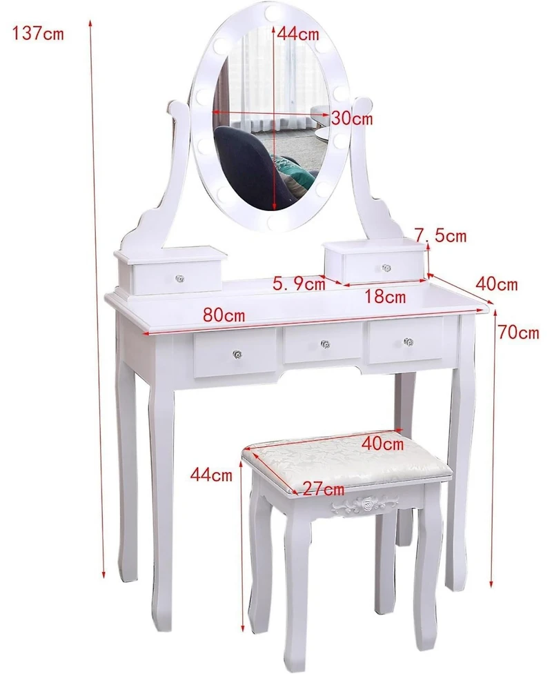 gaomon Vanity Desk With Mirror And Lights, Wood Makeup Dressing Table Oval & Stool,3 Colors Lighting Modes,Modern Bedroom W
