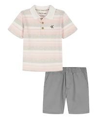 Calvin Klein Boys' Toddler 2T-4T Striped Polo Shirt and Twill Shorts, 2-Piece Set