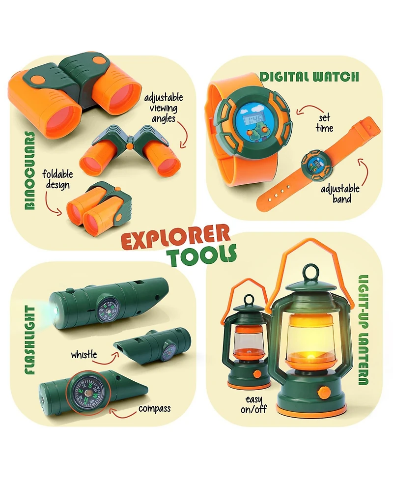 Clara Clark 17 Piece Kids Camping Play Set - with Pop Up Tent, Campfire and Camping Toys - for Indoor and Outdoor Pretend Play
