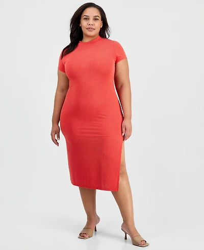 Full Circle Trends Plus Short-Sleeve Mock Neck Midi Dress
