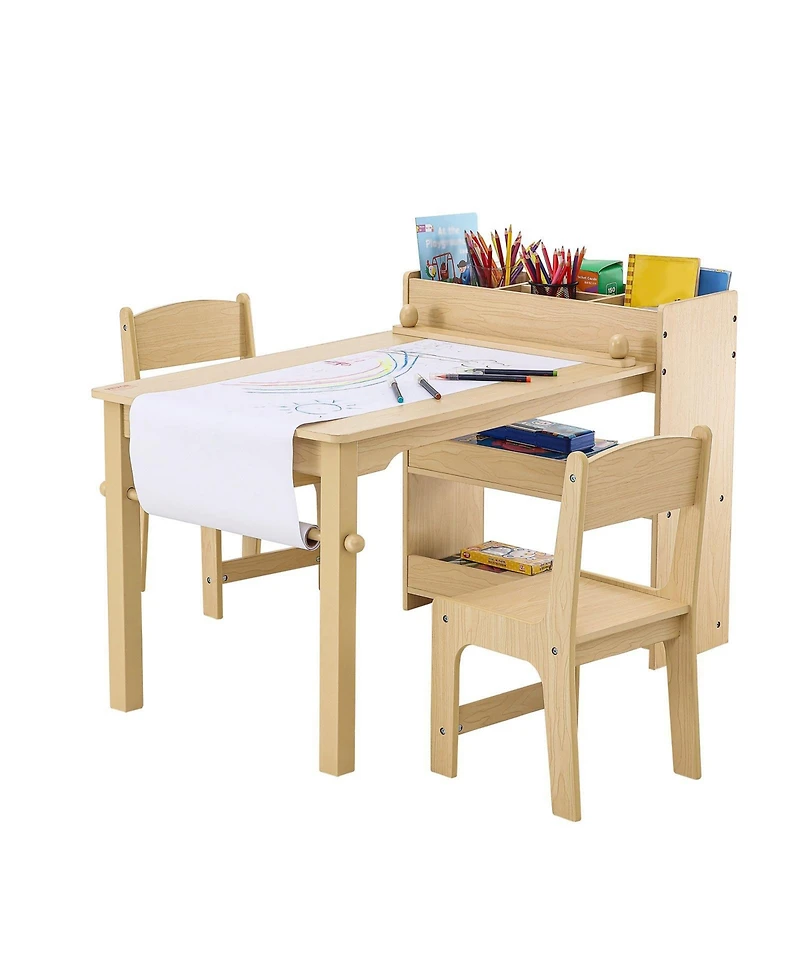 Slickblue Kids Art Table with 2 Chairs Wood Activity Table with Cabinet for Craft and Learning