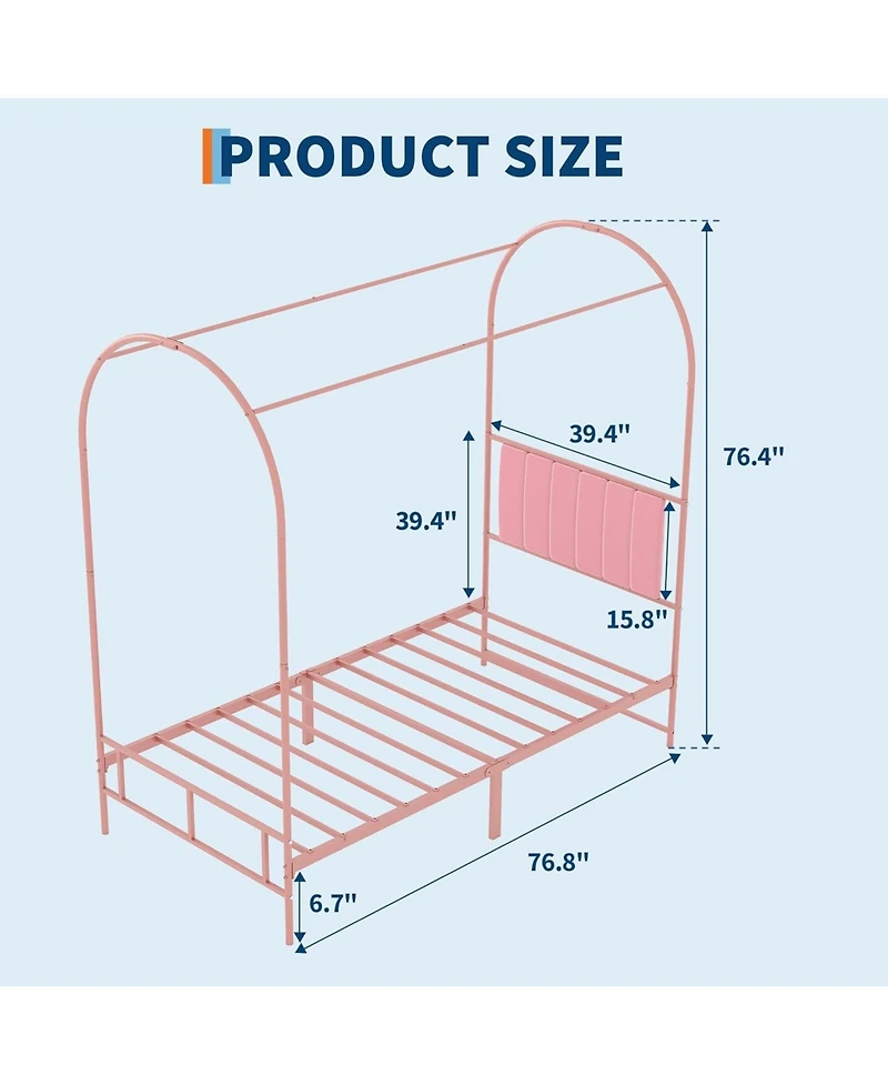 gaomon Twin Canopy Bed with Fabric Headboard, Metal Platform Frame Strong Slats