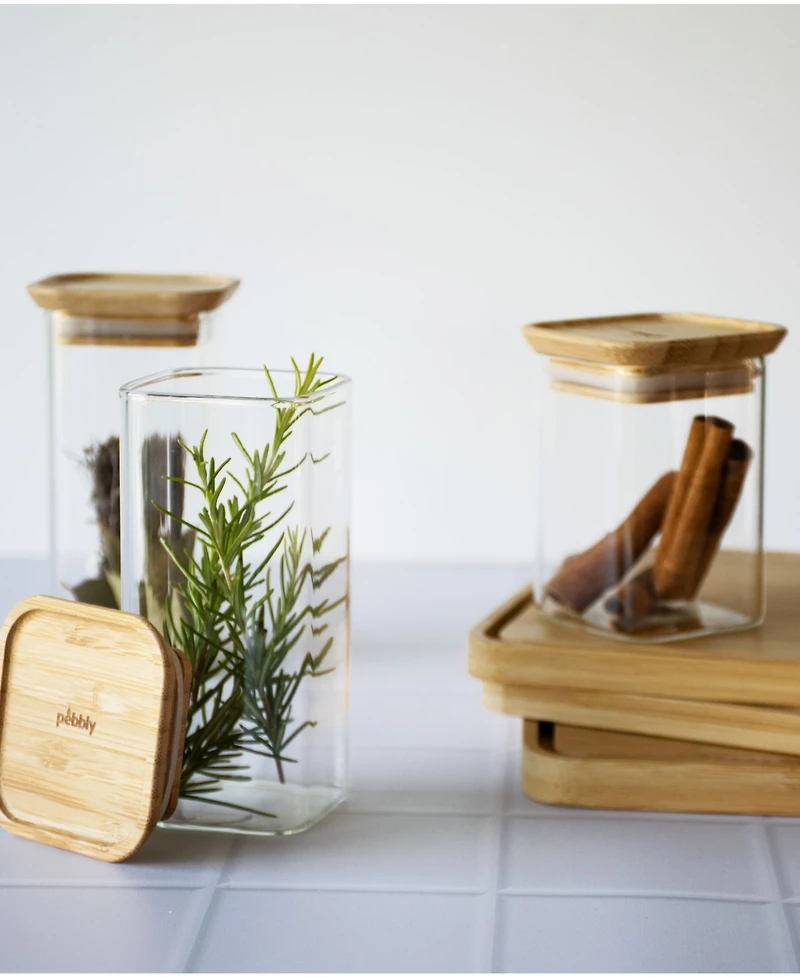 Pebbly Square Glass Bamboo Canisters for Spice Herbs, Set of 4