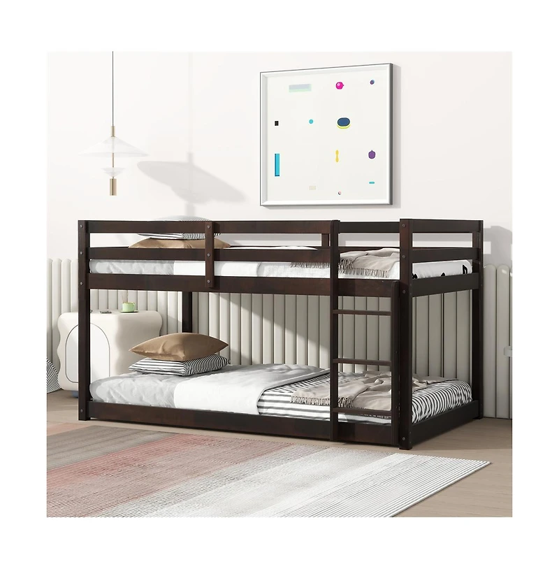Cesicia Bunk Bed with Ladder Solid Rubber Wood Floor Storage & Guardrails