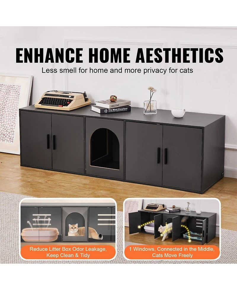 Cozito Double-Compartment Wooden Cat Litter Box Enclosure, Black