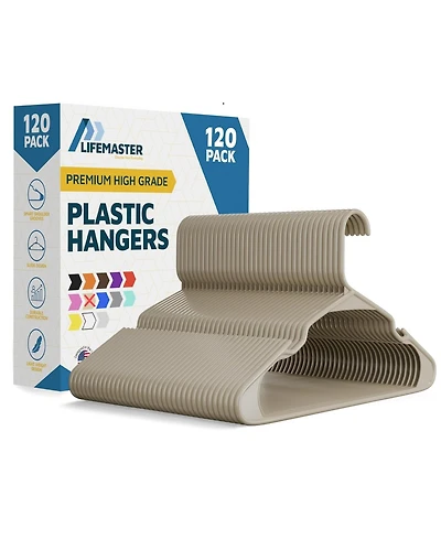 Lifemaster heavy-duty ivory hangers with non-slip grooves, space-saving, hold 5 lbs for clothes & dresses, 120-pack.