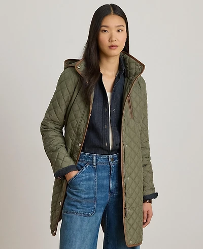 Lauren Ralph Womens Hooded Quilted Faux-Suede-Trim Coat