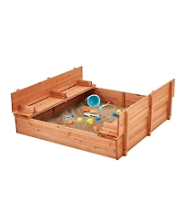 Sugift Wooden Sandbox with Foldable Bench Seats, Natural Wood