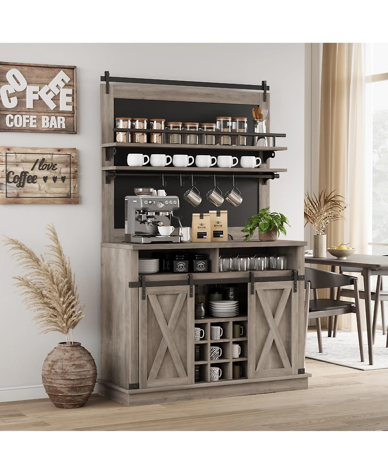 gaomon 75 Inch Farmhouse Coffee Bar Cabinet with Sliding Barn Doors, Storage Buffet Sideboard with Adjustable Shelves