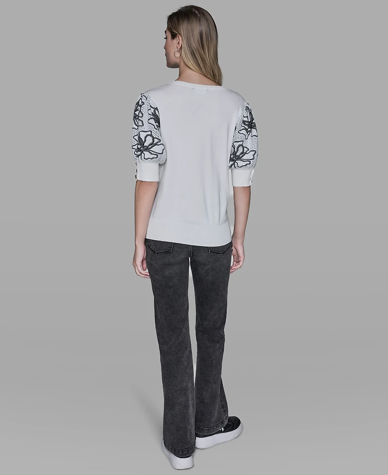 Karl Lagerfeld Paris Petite Floral Print V-Neck Sweater