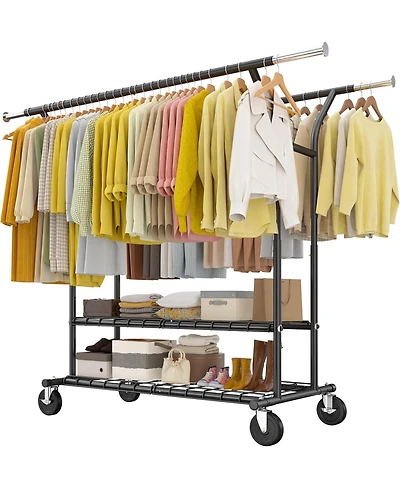 Raybee 74" W Heavy Duty Clothes Rack, Double Rods Clothing Rack Load 630 Lbs, Rolling Clothes Racks，Garment Rack with shelves