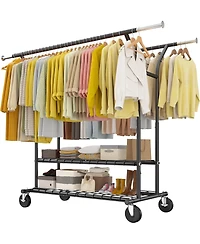 Raybee 74" W Heavy Duty Clothes Rack, Double Rods Clothing Rack Load 630 Lbs, Rolling Clothes Racks，Garment Rack with shelves