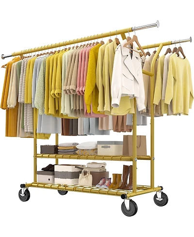 Raybee 74" W Heavy Duty Clothes Rack, Double Rods Gold Clothing Rack Load 630 Lbs, Rolling Clothes Racks for Hanging Clothes 400+, Garment Rack