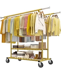 Raybee 74" W Heavy Duty Clothes Rack, Double Rods Gold Clothing Rack Load 630 Lbs, Rolling Clothes Racks for Hanging Clothes 400+, Garment Rack