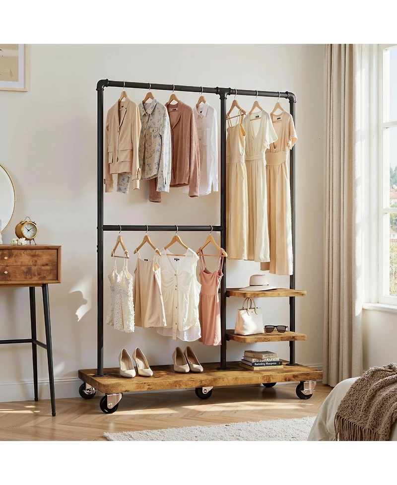 Raybee Clothes Rack, Heavy Duty Clothing Rack, Industrial Pipe Clothes Rack with Shelves, Rolling Garment Rack for Bedroom, Retail Store, Rustic