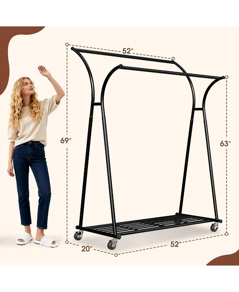 Raybee Heavy Duty Clothes Racks for Hanging Clothes, Clothing Rack with Wheels Load 360LBS, Portable Double Rod Garment Racks for Closet, Bedroom