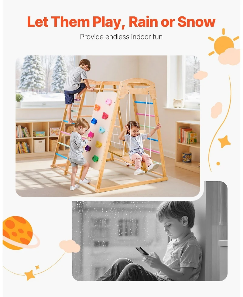 Mecale 7-in-1 Wooden Indoor Playground with swing, slide, monkey bar, ladders & net, holds up to 250 lbs.