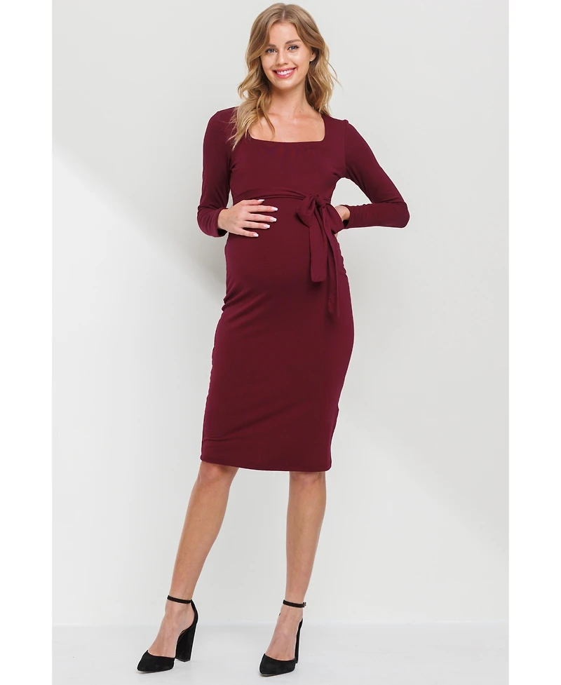 Hello Miz Maternity Tie Waist Square Neck Long Sleeve Dress