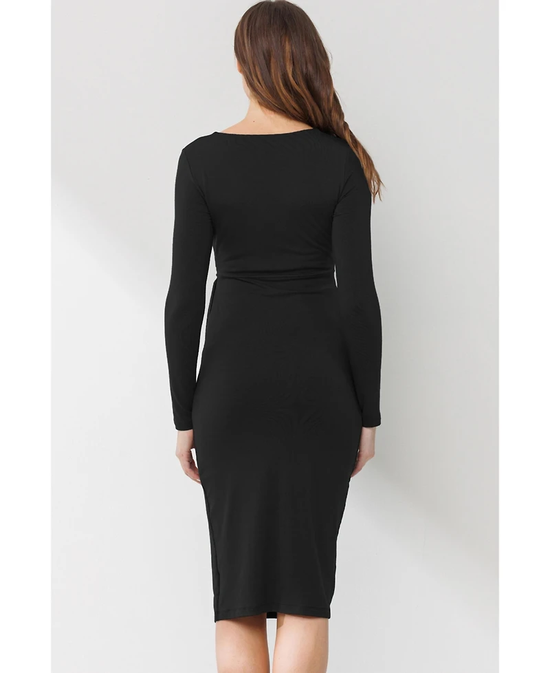 Hello Miz Maternity Tie Waist Square Neck Long Sleeve Dress