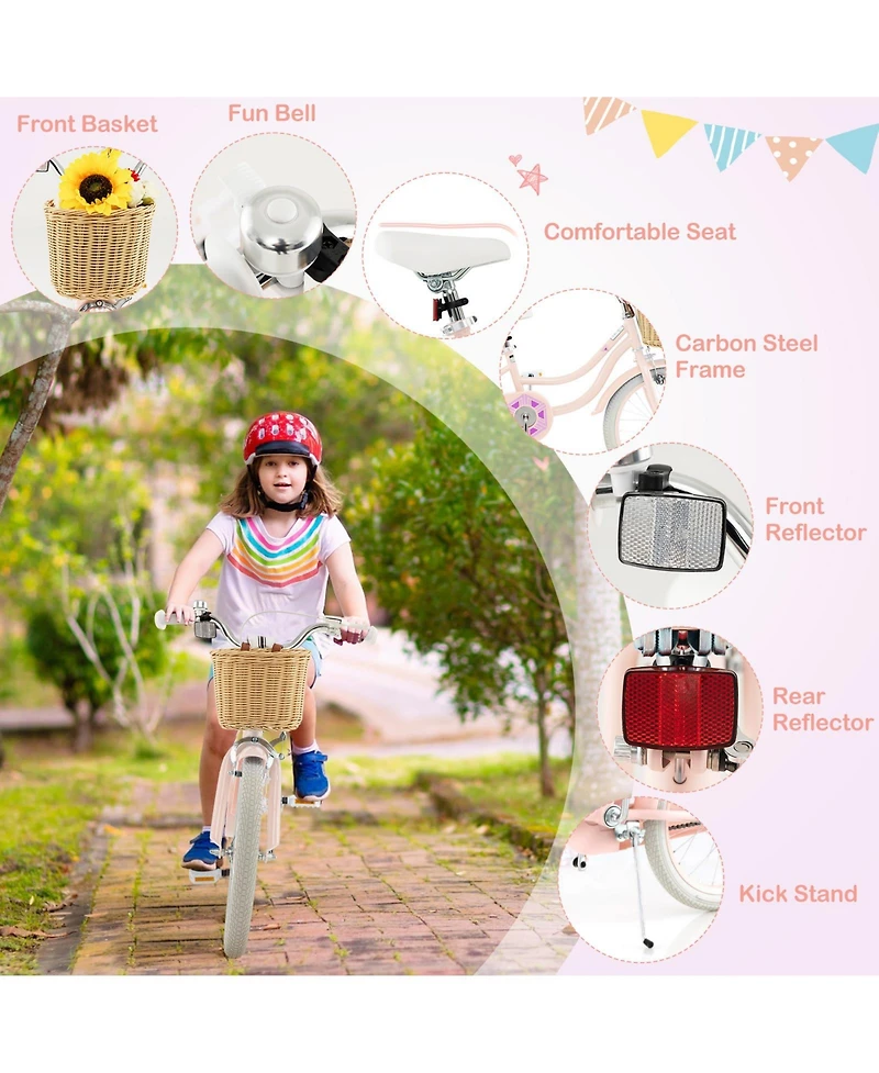 Sugift 18 Inch Kids Bike with Training Wheels and Adjustable Handlebar Seat-Pink