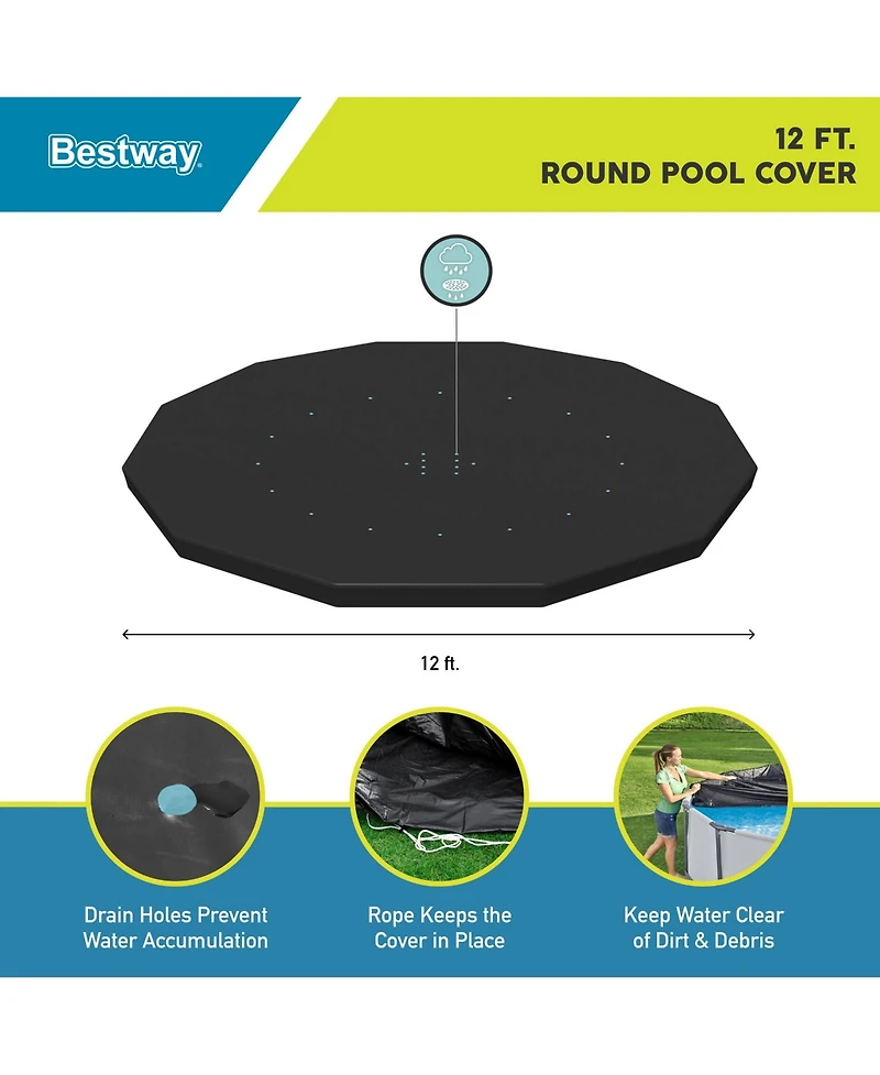 Bestway Flowclear 12 Foot Round Pool Cover w/ Drain Holes for Above Ground Pools
