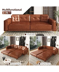 Maison Boucle 92" Faux Leather King Size Convertible Pull-Out Sleeper Sofa Bed with Wide Armrests & Pillows, 4-Seater