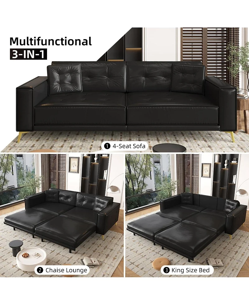 Maison Boucle 92" Faux Leather King Convertible Pull-Out Sleeper Sofa Bed with Wide Armrests & Pillows, 4-Seater