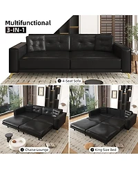 Maison Boucle 92" Faux Leather King Convertible Pull-Out Sleeper Sofa Bed with Wide Armrests & Pillows, 4-Seater