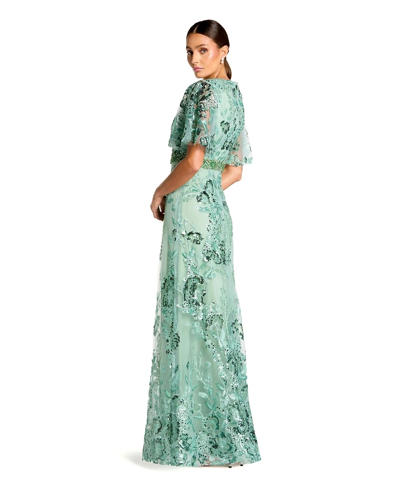 Mac Duggal Women's Floral Embellished Short Sleeve Faux Wrap Gown