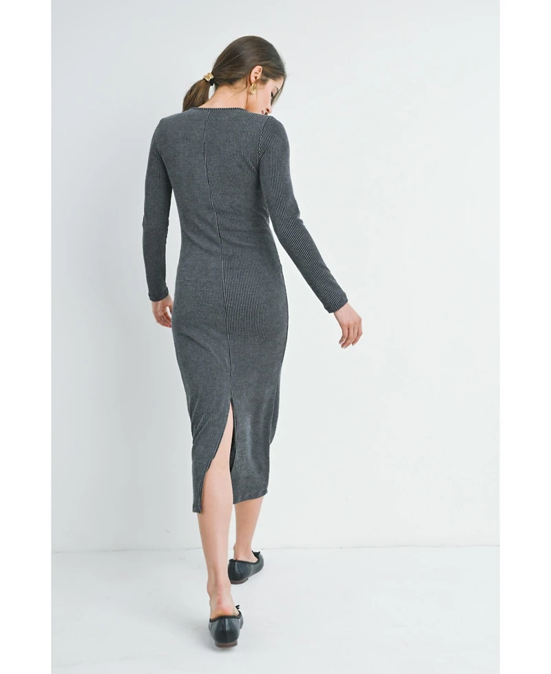 Hello Miz Maternity Sweatheart Long Sleeve Back Slit Ribbed Midi Dress