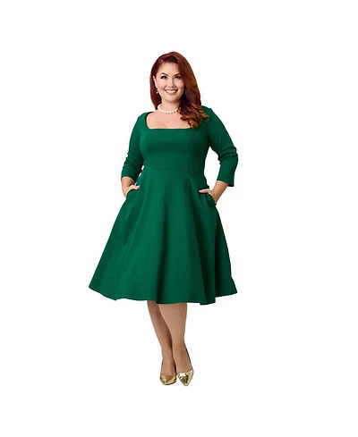 Unique Vintage Plus Square Neck Pleated Swing Dress