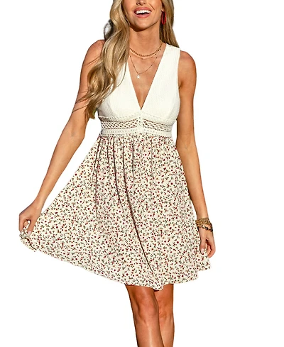 Cupshe Women's Plunging V-Neck Sleeveless Woven Mini Dress with Lace Detail