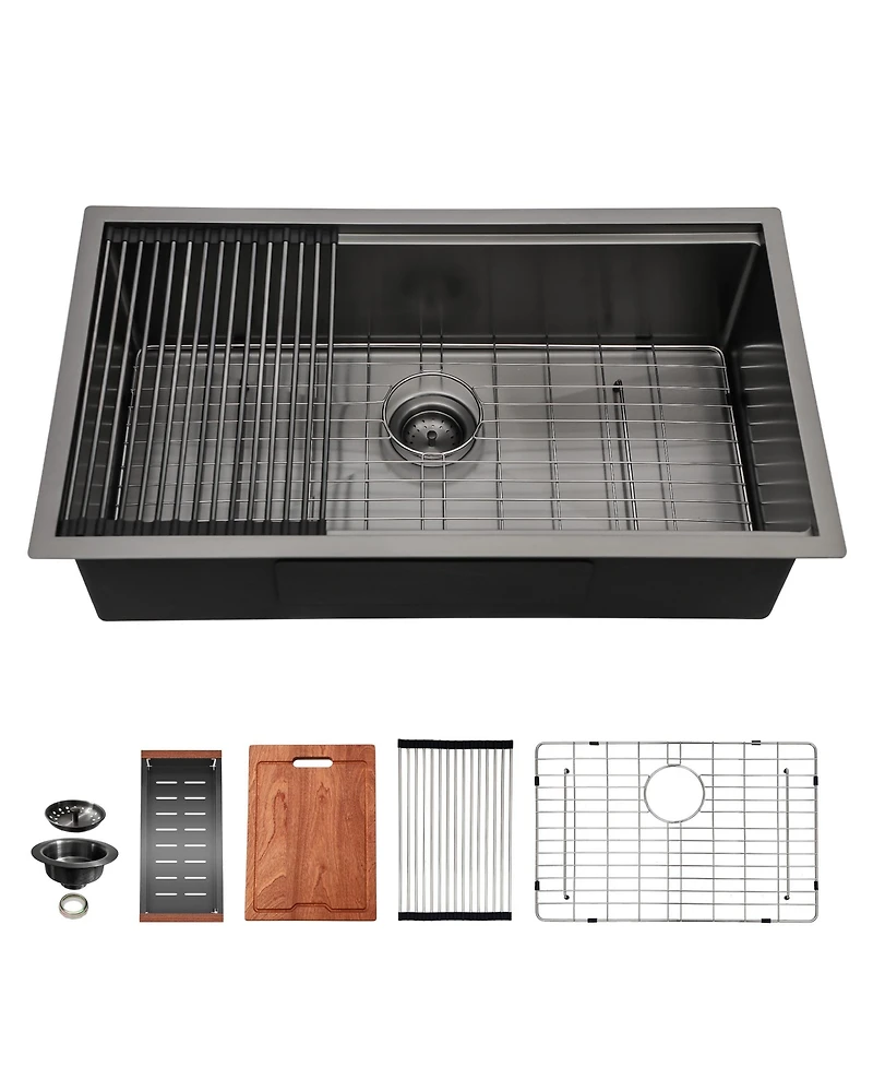 flynama 30x18x10 Inch Gunmetal Black Workstation Undermount Kitchen Sink 16 Gauge T304 Stainless Steel