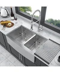 flynama 33x21x10 Inch Double Bowl 60 and 40 Farmhouse Apron Front Kitchen Sink 16 Gauge T304 Stainless Steel With Two 10 Inch Deep Basin