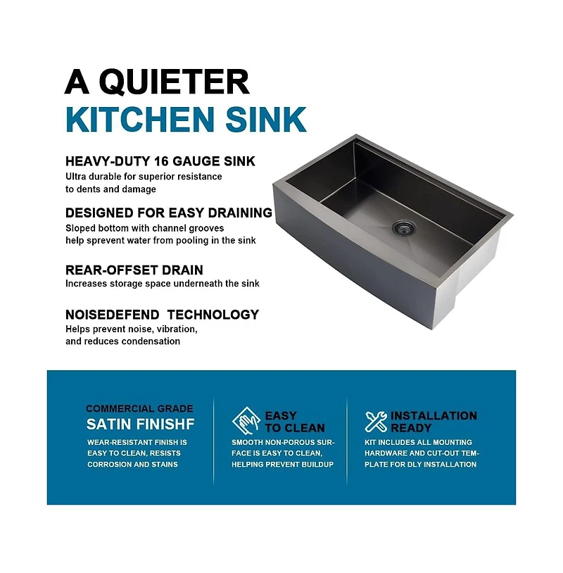 flynama 36x22x10inch Gunmetal Black Farmhouse Kitchen Sink Apron Front Workstation Stainless Steel