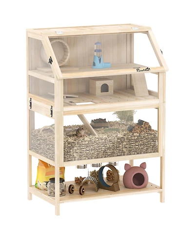 PawHut Wooden 3 Tier Hamster Cage with Storage Shelf for Dwarf, Gerbil