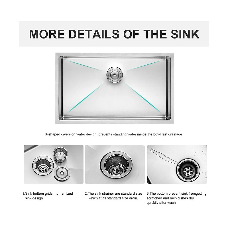 huluwat 30x18x9inch 16 Gauge 304 Stainless Steel Undermount Single Bowl Kitchen Sink with Drain Assembly No Additional Accessories