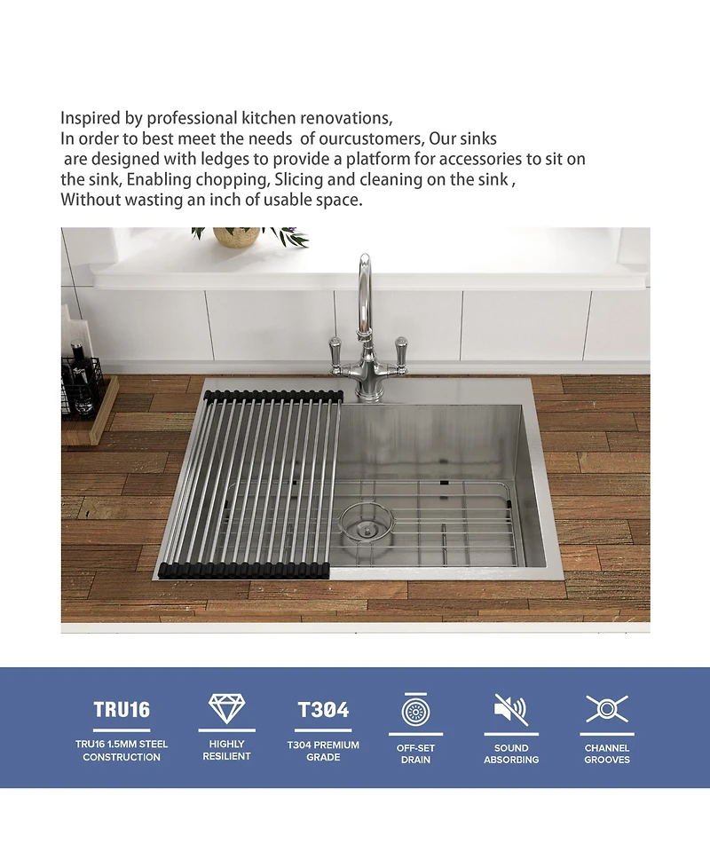 Flynama 16-Gauge Stainless Steel Drop-In Kitchen Sink, Single Bowl, 25" x 22" x 9"