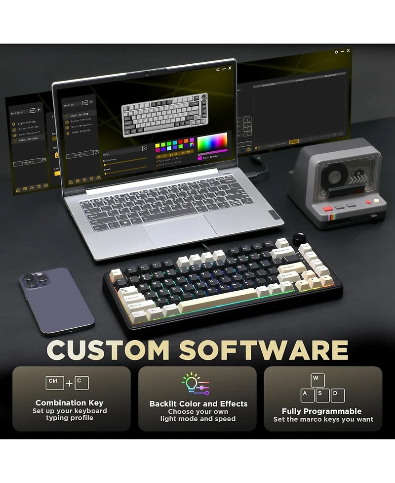 Lofree B75 Mechanical Keyboard,75% Layout with Knob,Hot Swappable Rgb Backlit Gasket Mounted,Creamy Typing,Double-Shot Pbt Keycaps,Cherry Profile