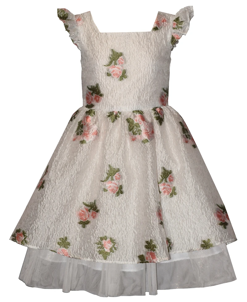 Bonnie Jean Girls' 7-16 Flutter Sleeve Crinkle Textured Floral Party Dress